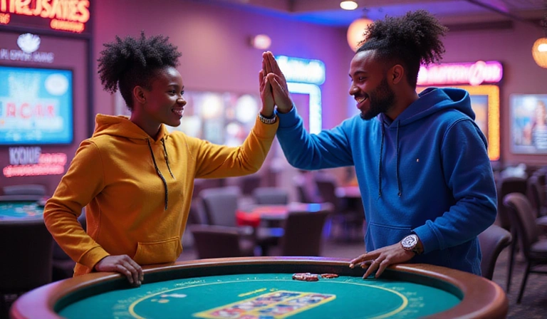 Two diverse people high-fiving over a virtual gaming table, symbolizing community and connection.