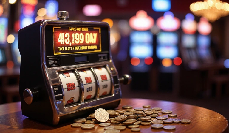 A broken slot machine with coins spilling out, representing a page not found error, against a blurred casino background.