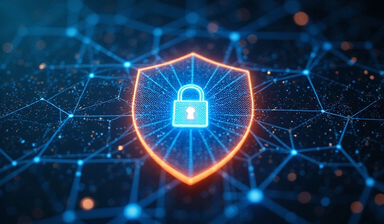 Cybersecurity shield with data flow