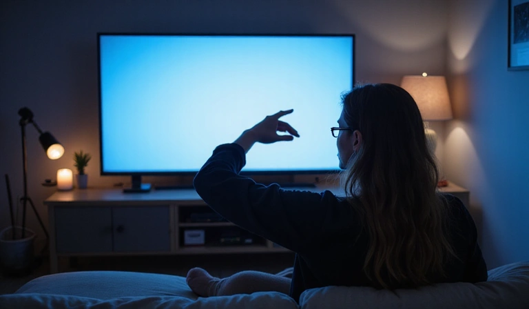 A person taking a mindful break from a screen, perhaps stretching or looking away, symbolizing healthy gaming habits