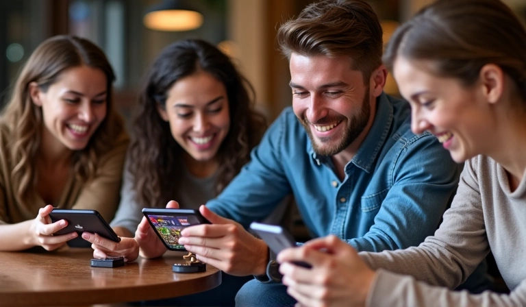 People enjoying social casino games on a mobile device, smiling and laughing