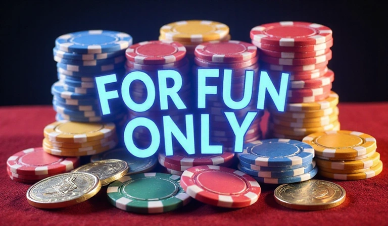 A stack of virtual casino chips and coins with a clear 'FOR FUN ONLY' overlay, emphasizing no real money gambling.