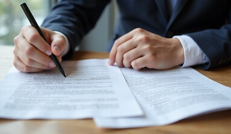 A person looking at a legal document with a magnifying glass, symbolizing careful review of terms and conditions.